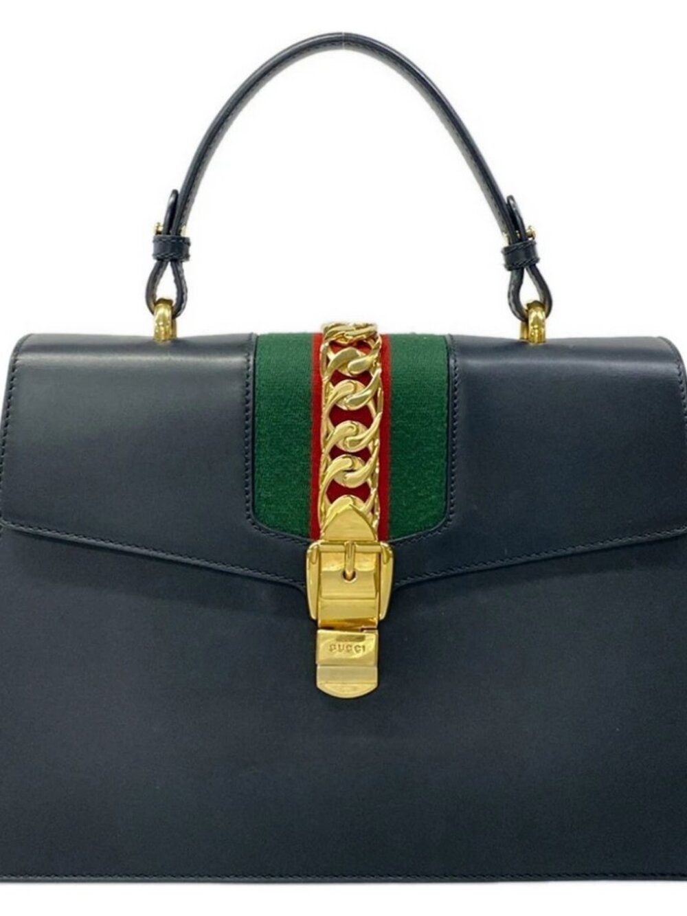 GUCCI Sylvie 431665 Dark Navy Green Red Leather Chemical Fiber Handbag